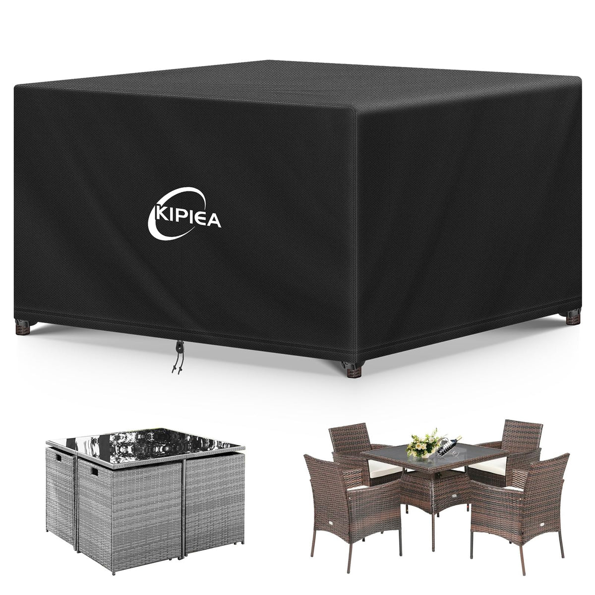 Kipiea Patio Furniture Covers Waterproof Winter, Heavy-Duty Outdoor Furniture Set Covers for Table Chairs, Anti-UV, No Tears or Fading (110" L x 84" W x 28" H)