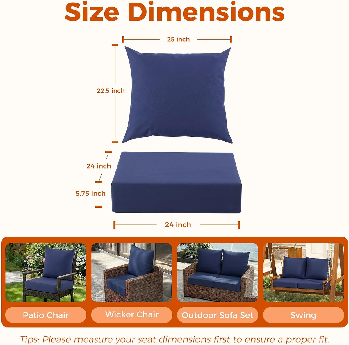 Deep Seat Patio Cushions Set of 2, 24x24x5.75 Inch, Waterproof Outdoor Chair Cushions, Fade Resistant Patio Furniture Cushions with Ties for Couch, Sofa, Lawn, Outside, Navy Blue