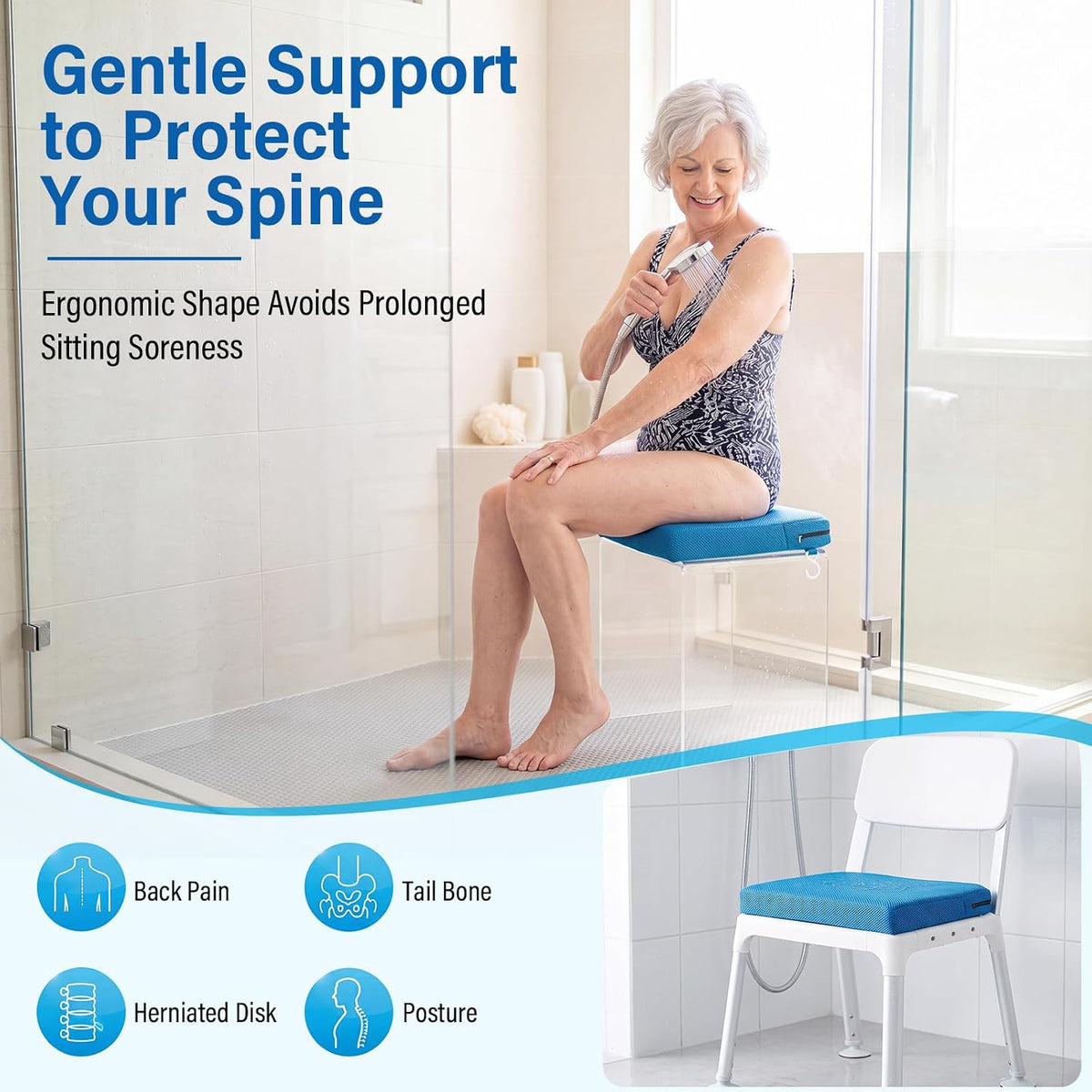 Leinuosen 2 Pcs Shower Seat Cushion with Non Slip Silicone Bottom 4d Mesh Pad Waterproof Shower Chair Cushion Bathtub Pad Bath Pillow Seat Mat Washable Fast Drying for Elderly Disabled(Blue)