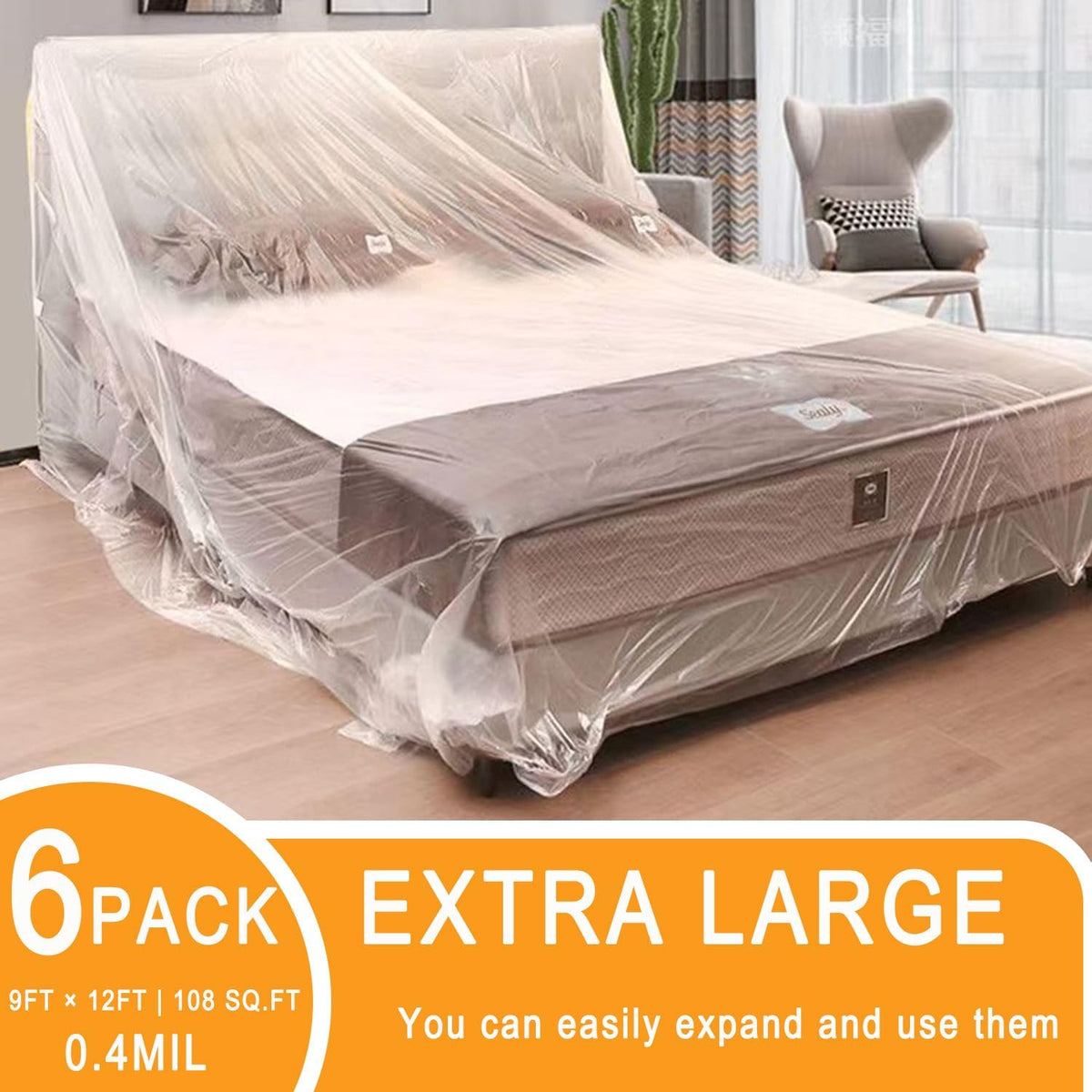 6 Pack Drop Cloth Plastic Sheeting, 9 x 12 FT Heavy Duty Painters Tarp, Waterproof Dustproof Furniture and Floor Protection Cover, Tear-Resistant Plastic for Painting and Renovation