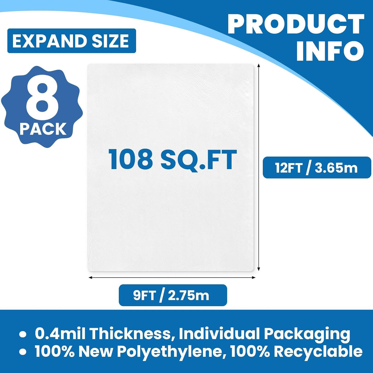 8 Pack Plastic Drop Cloth, 9 x 12 Feet Plastic Sheeting
