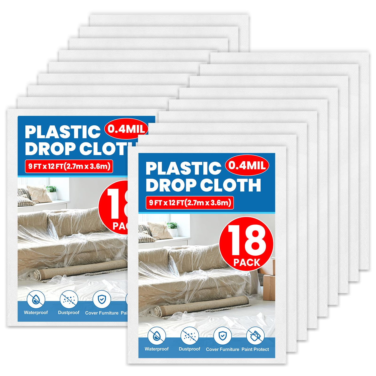 8 Pack Plastic Drop Cloth, 9 x 12 Feet Plastic Sheeting