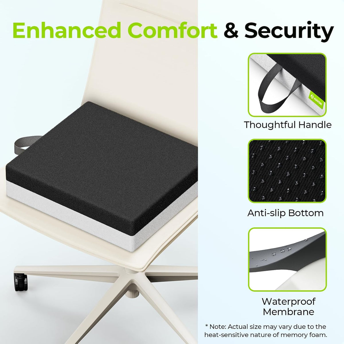 AUVON Ventilation Seat Cushion with Innovation Heat Dissipation Design, Wheelchair Cushion with Supportive Memory Foam, Waterproof & Anti-Slip Cover, Improve & Tailbone Comfort (Black, X-Large)