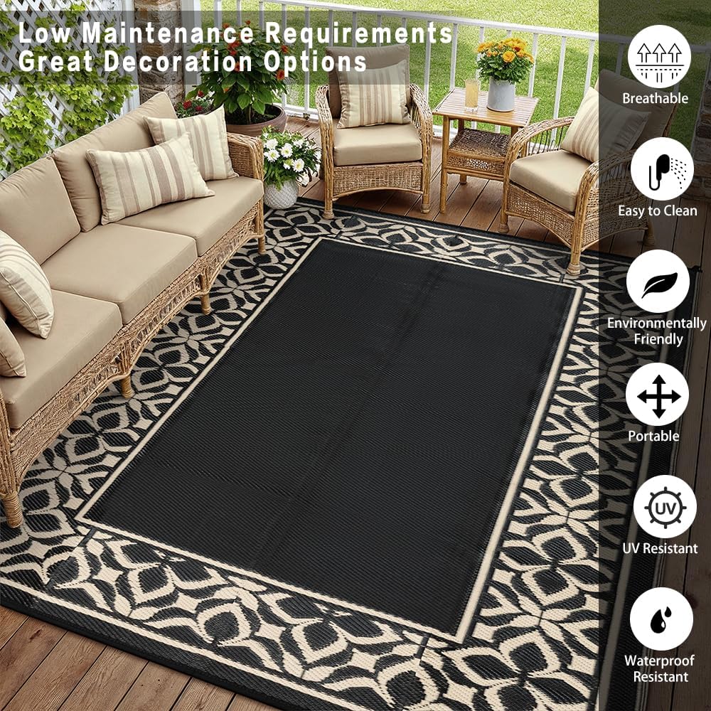 PureCozy 10x14 Outdoor Rug Black Beige Geometric