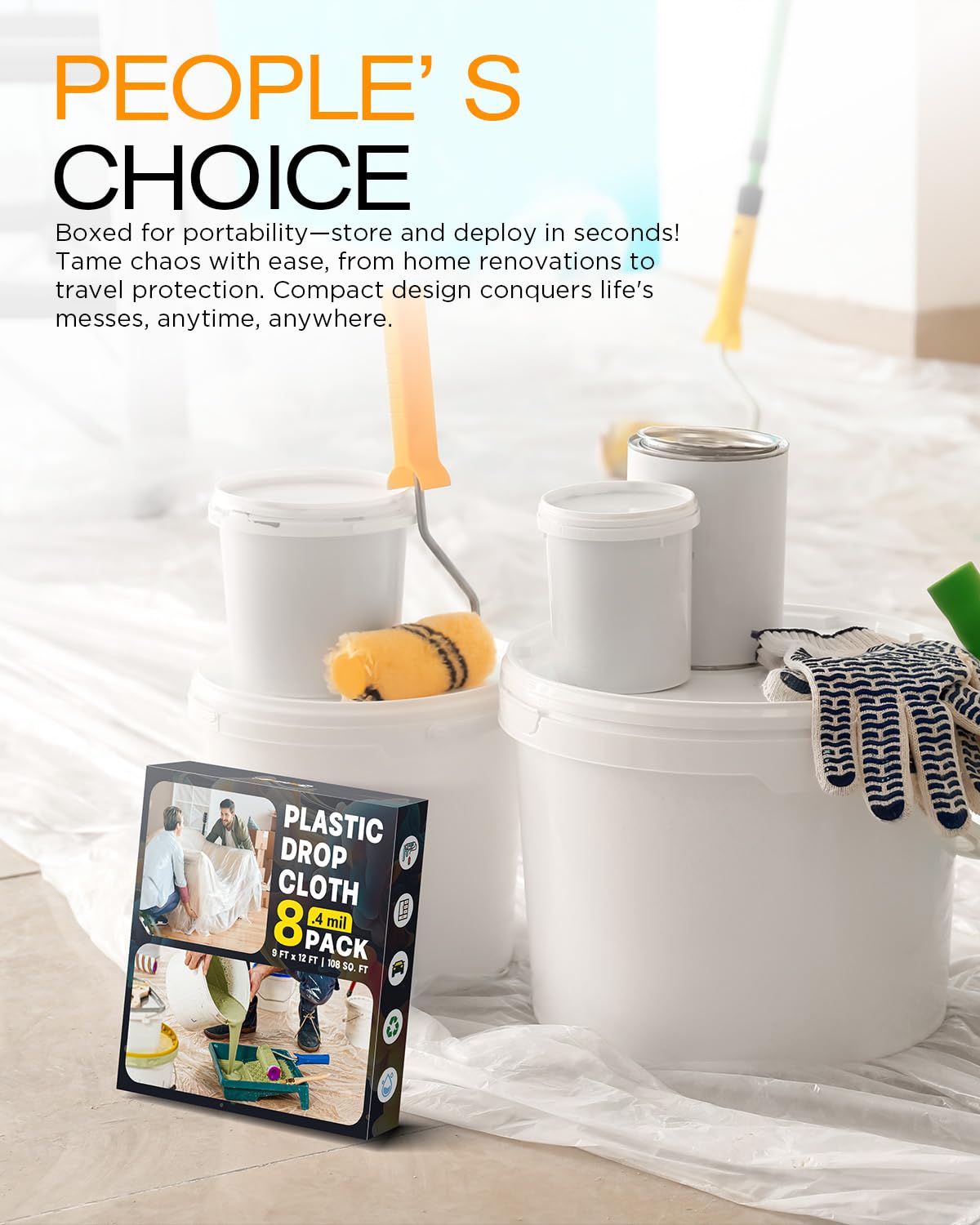 Plastic Drop Cloths for Painting, 9x12 Ft Plastic Sheeting, 0.4Mil (8-Pack)