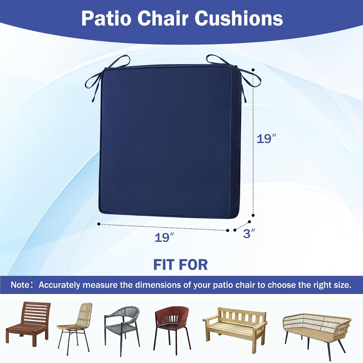 IASEAHK Patio Chair Cushions, 19" x 19" x 3" Outdoor Chair Cushions Set of 4, Waterproof Outdoor Cushions for Patio Furniture, Outdoors Seat Cushions with Handle and Ties, Navy Blue
