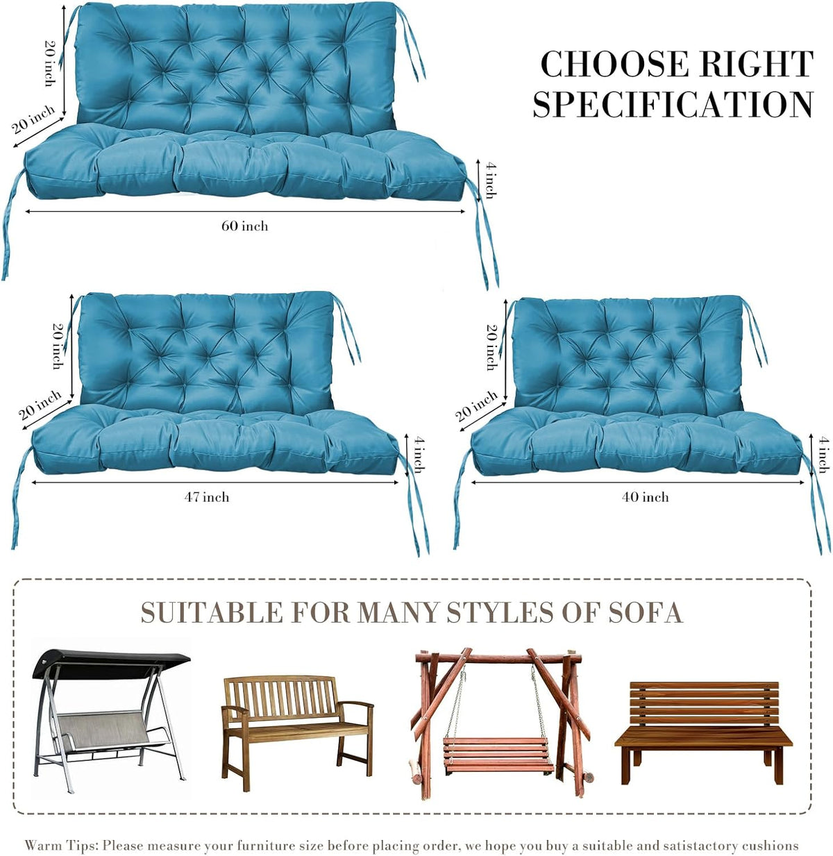 Outdoor/Indoor Swing Replacement Cushion, 2 or 3 Seats Bench Cushions with Backrest, Thicken 4" Recliner Seat Pad for Garden/Patio, Waterproof Premium Tufted Cushion with Ties(Turquoise-40x40x4in)
