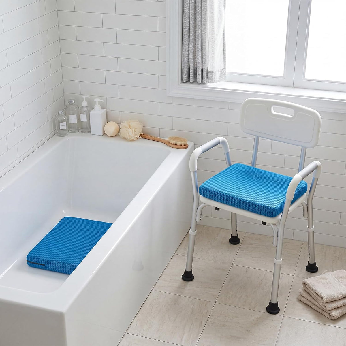 Leinuosen 2 Pcs Shower Seat Cushion with Non Slip Silicone Bottom 4d Mesh Pad Waterproof Shower Chair Cushion Bathtub Pad Bath Pillow Seat Mat Washable Fast Drying for Elderly Disabled(Blue)