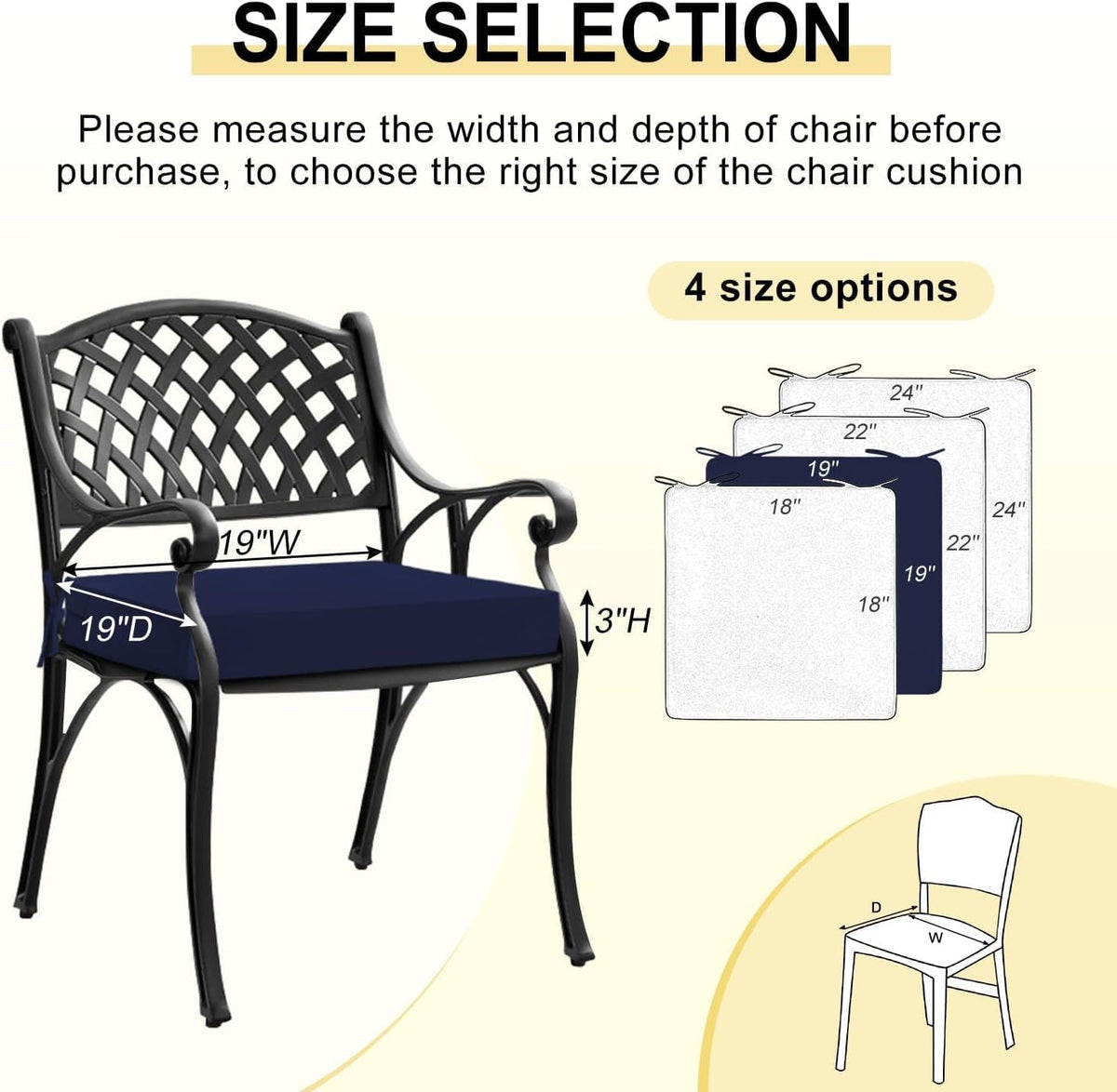downluxe Outdoor Chair Cushions Set of 4, Waterproof 19" x 19" x 3" Patio Chair Cushion with Non-Slip Ties & Handle, Square Outdoor Cushion for Patio Furniture with Removable Cover, Navy