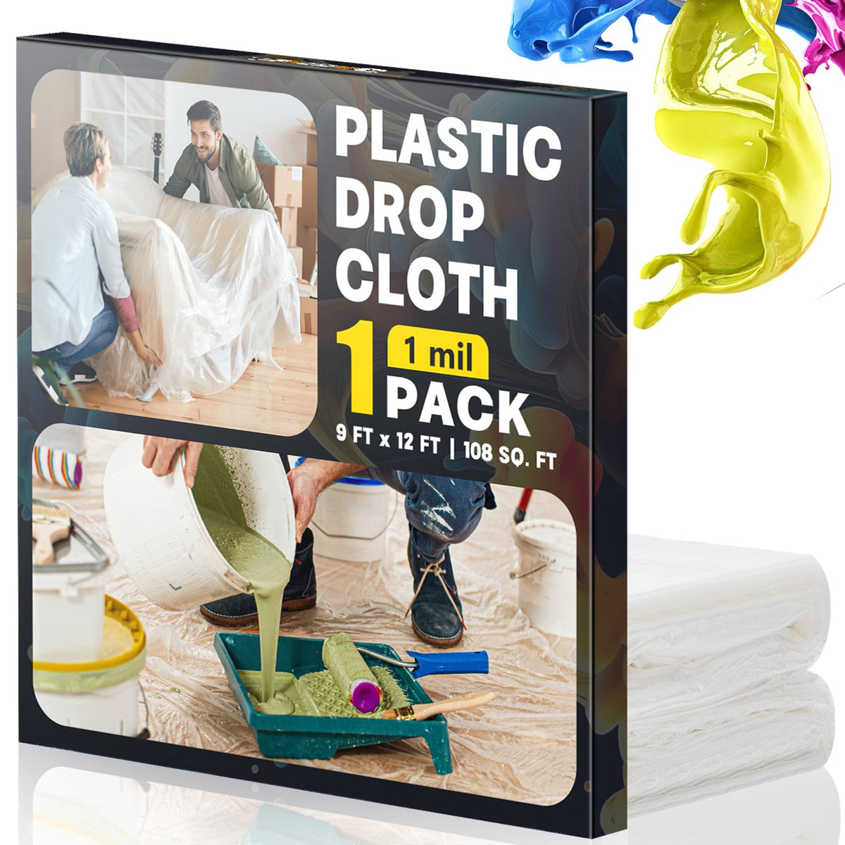 Plastic Drop Cloths for Painting, 9x12 Ft Plastic Sheeting, 0.4Mil (8-Pack)