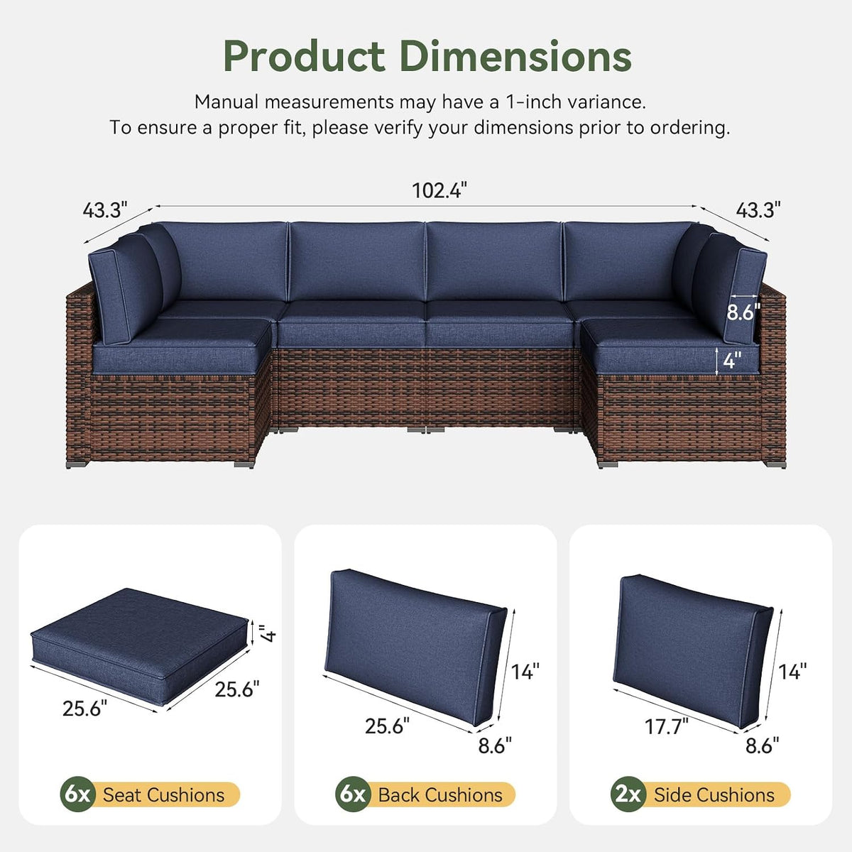 Aoxun Outdoor Replacement Cushions for Patio Furniture, Waterproof Sofa Cushion for 6-Seat Rattan Wicker Sectional Patio Conversation Sets, 14-Piece Cushions Set for L-Shape Couch, Navy