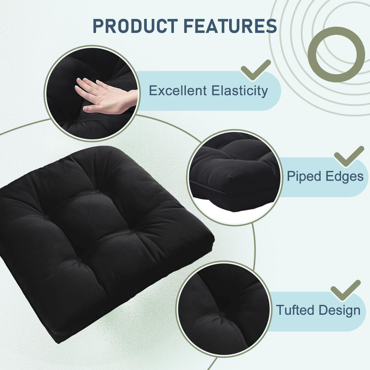 downluxe Outdoor Chair Cushions Set of 4 for Patio Furniture, Water Resistant Tufted Overstuffed Patio Furniture Cushions, Thick Outdoor Seat Cushion, 19" X 19" X 5", Black