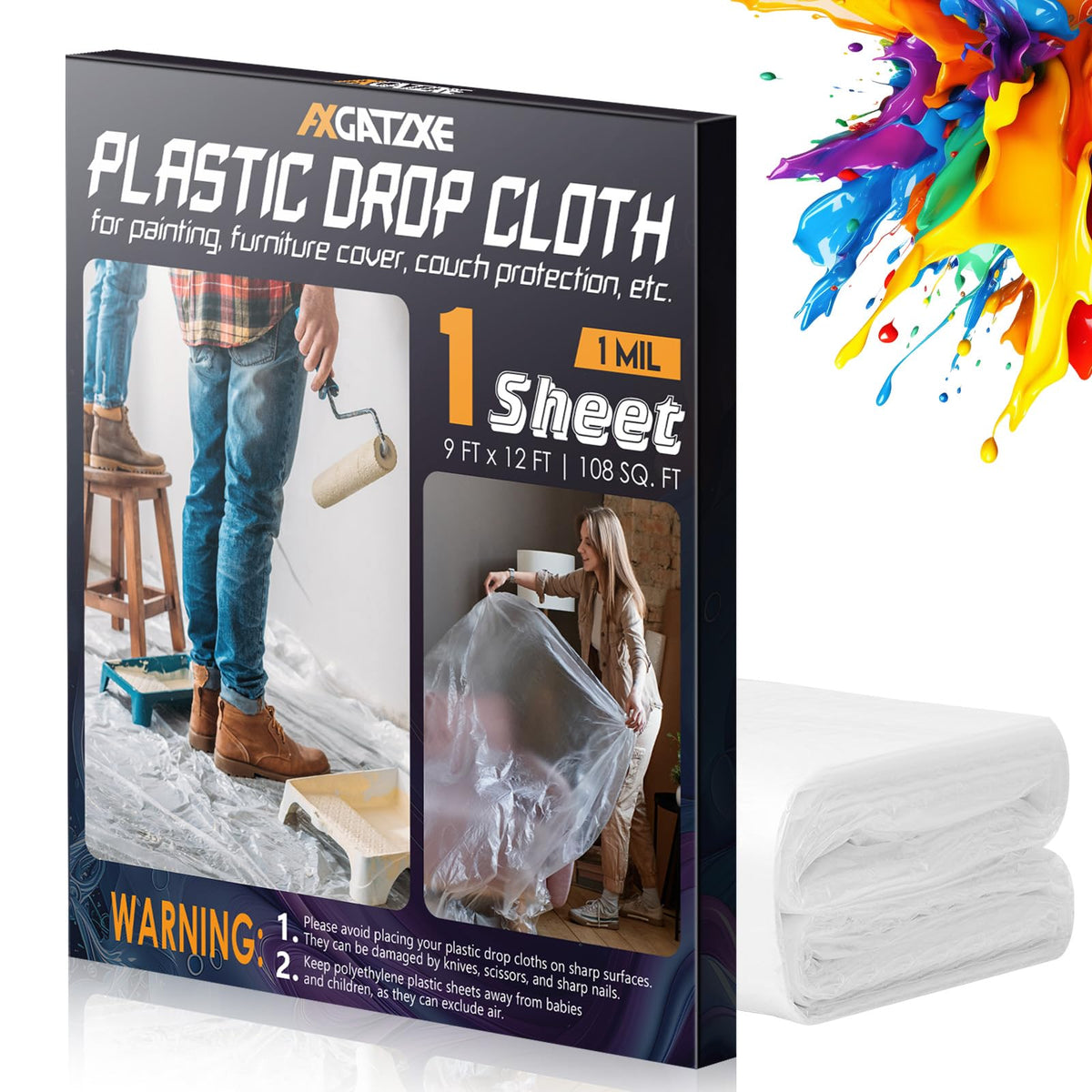 Axgatoxe 12 x 9 Ft Plastic Drop Cloths for Painting (10-Pack)