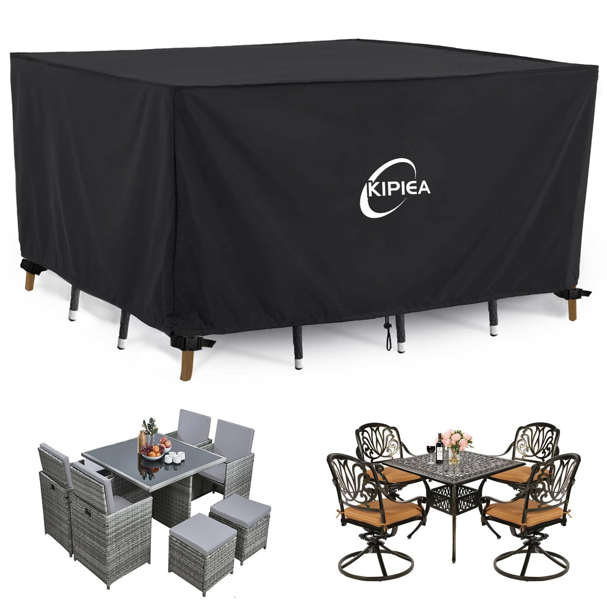 Kipiea Patio Furniture Covers Waterproof Winter, Heavy-Duty Outdoor Furniture Set Covers for Table Chairs, Anti-UV, No Tears or Fading (110" L x 84" W x 28" H)