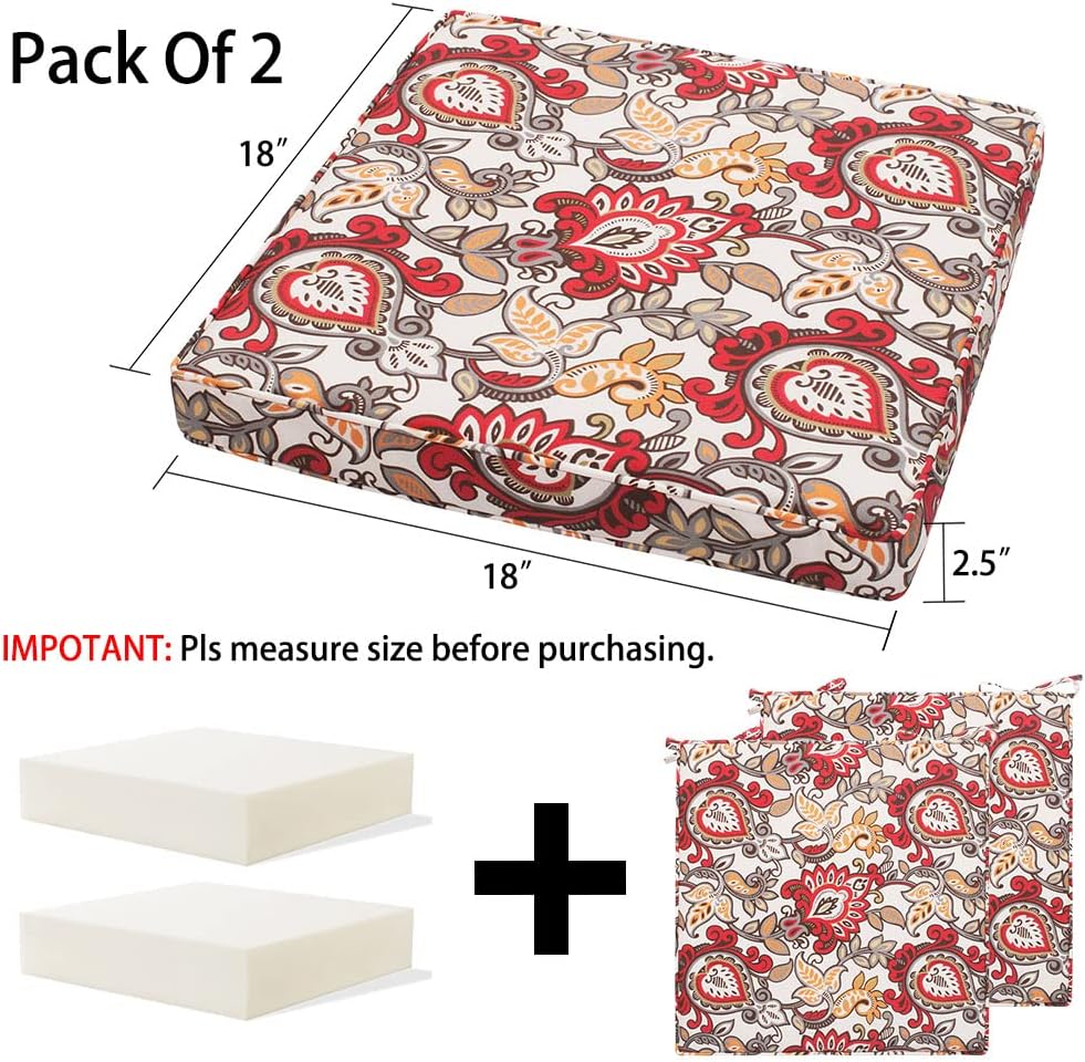 Magpie Fabrics Indoor Outdoor Waterproof Square Chair Cushion, 18" x 18" x 2.5", 2 Pack, Water Resistant Seat Cushions, for Patio Garden Office, Phoenix Red Orange