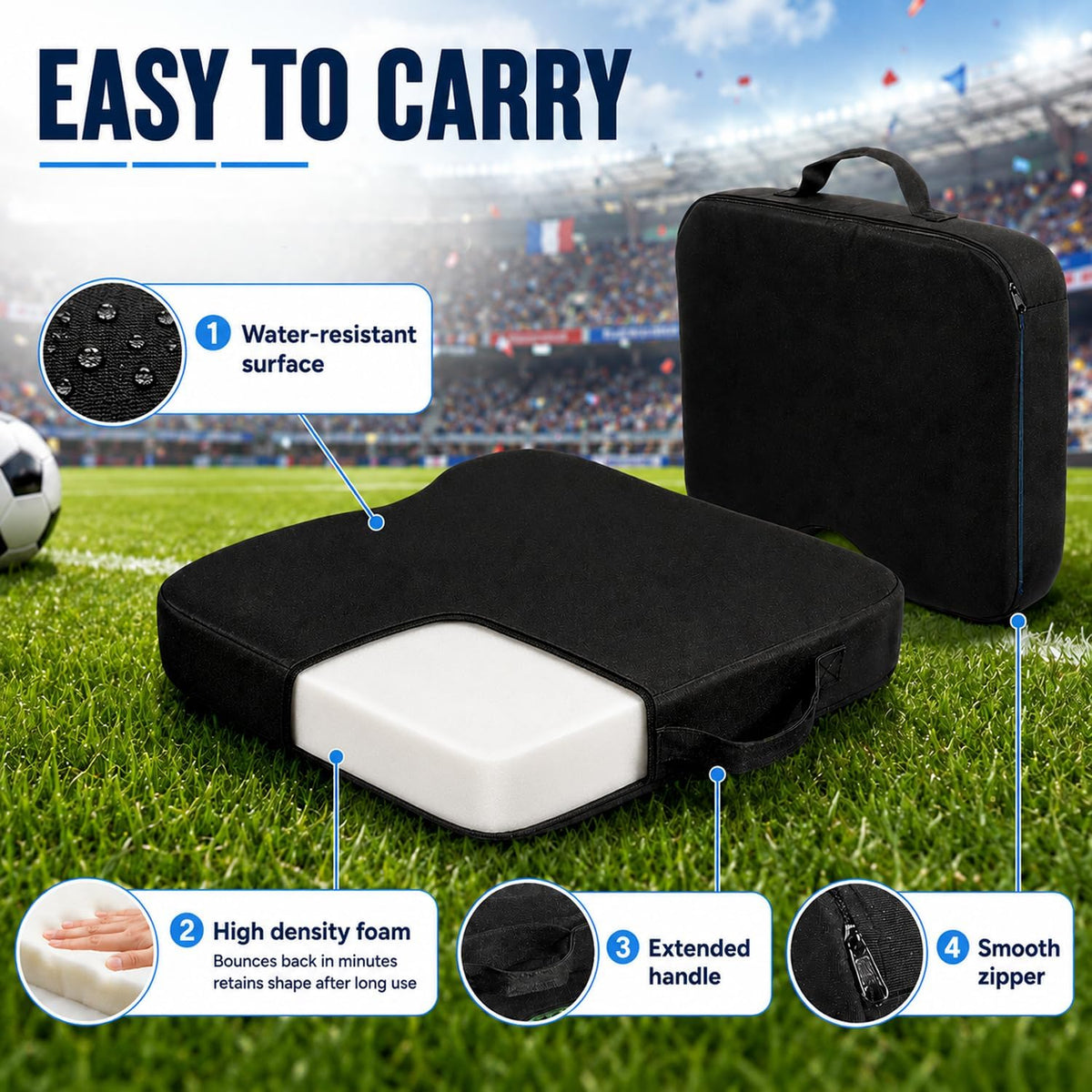 KOKABI Stadium Seat Cushions for Bleachers - Portable Bleacher Seats with Memory Foam, Made from Waterproof Oxford Fabric, Comfortable Bench Cushion for Sporting Events, Travel, Camping