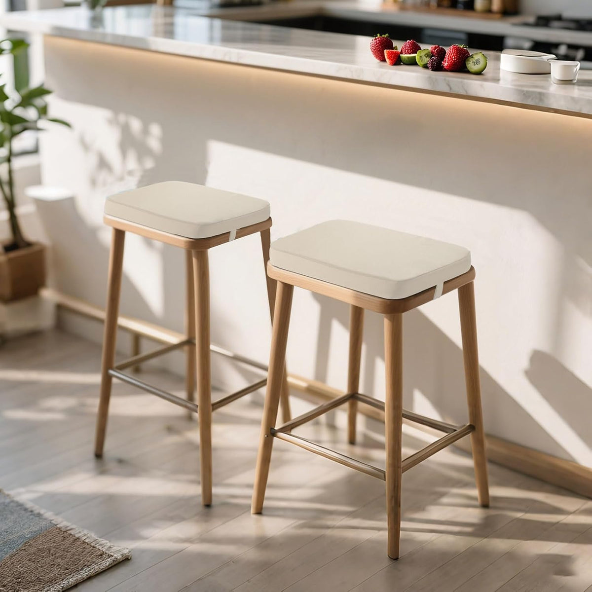 Rectangle Bar Stool Cushions 16x12 inch, Non-Slip Dining Chair Cushion with Straps, Waterproof Seat Pad, Set of 2, Cushion Only, Khaki