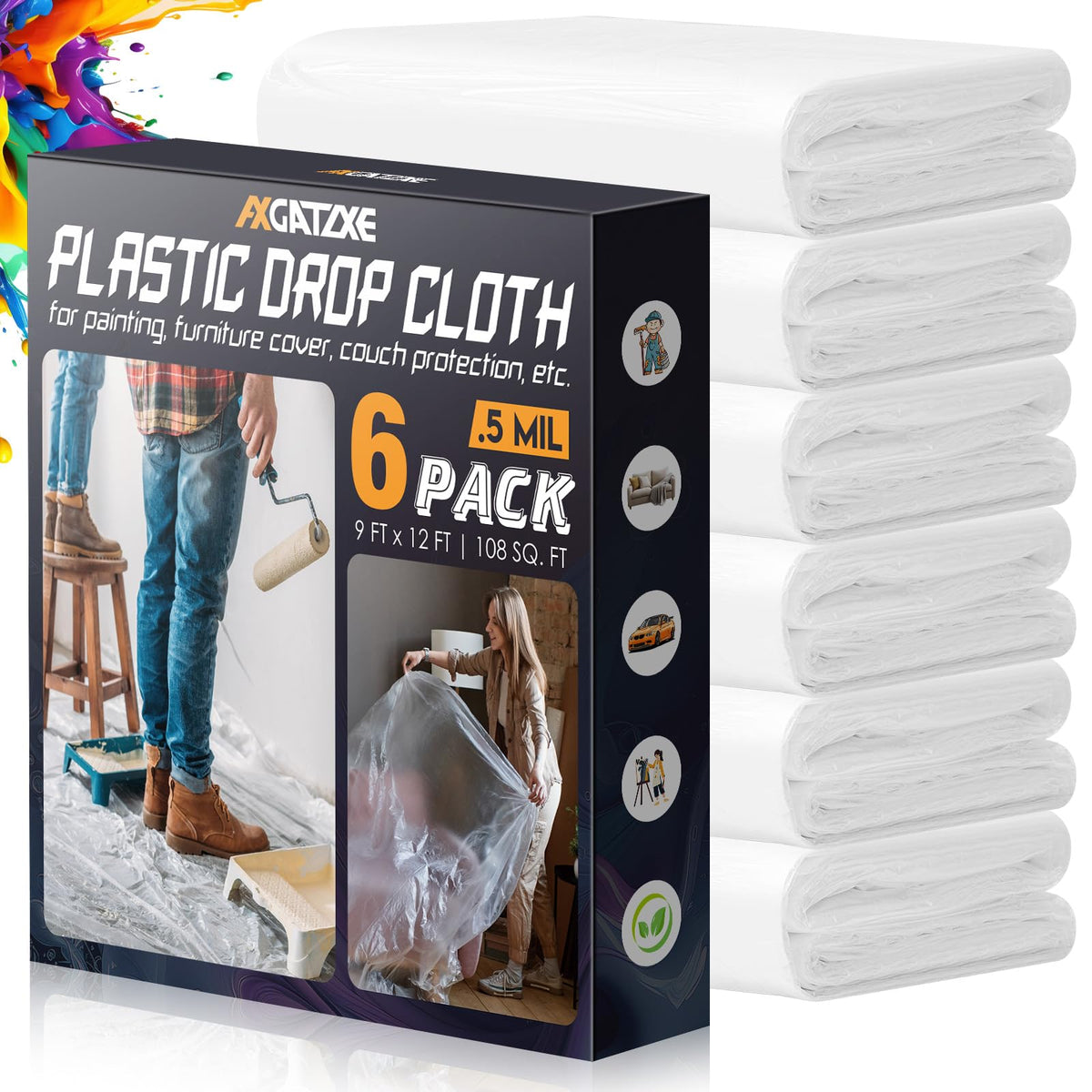 Axgatoxe 12 x 9 Ft Plastic Drop Cloths for Painting (10-Pack)