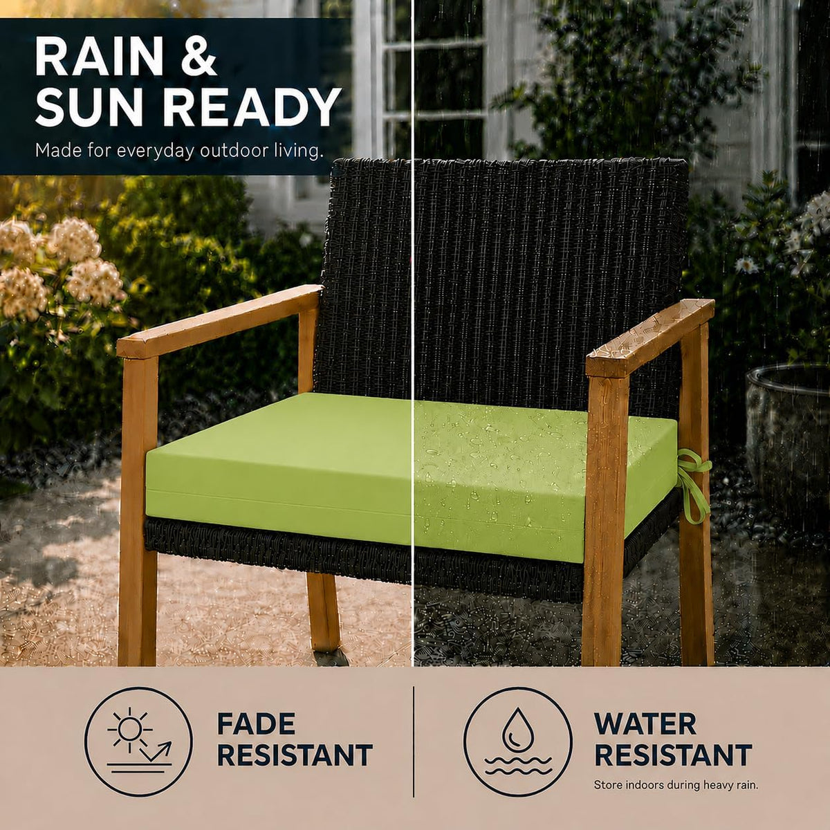UNIKOME Outdoor Chair Cushions Pack of 4, Water Resistant Patio Cushions with Ties, High Density Sponge Filling Square Corner Seat Cushions for Outdoor Furniture, 18.5"*16"*3", Green