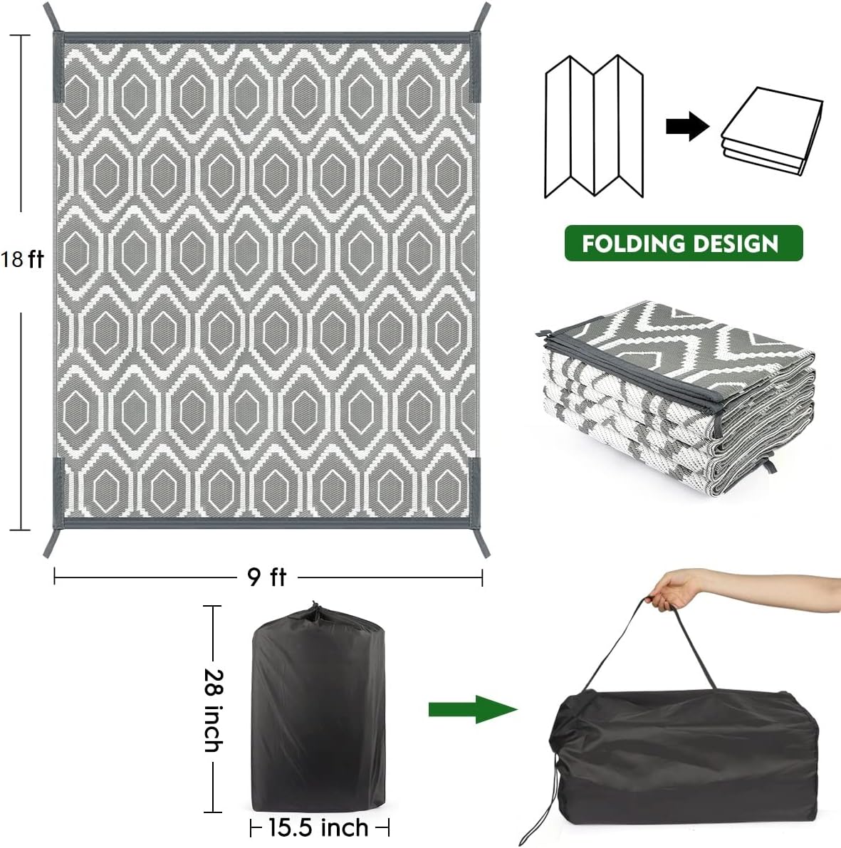 fifame 9x18 Outdoor Rug, Plastic Woven Patio Mat, Waterproof RV Camping Rug