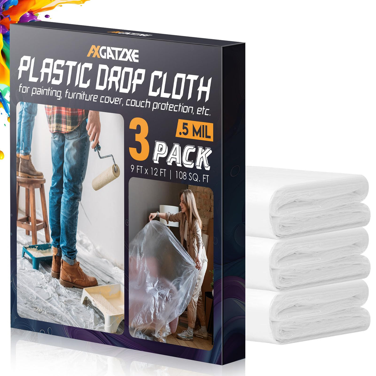 Axgatoxe 12 x 9 Ft Plastic Drop Cloths for Painting (10-Pack)