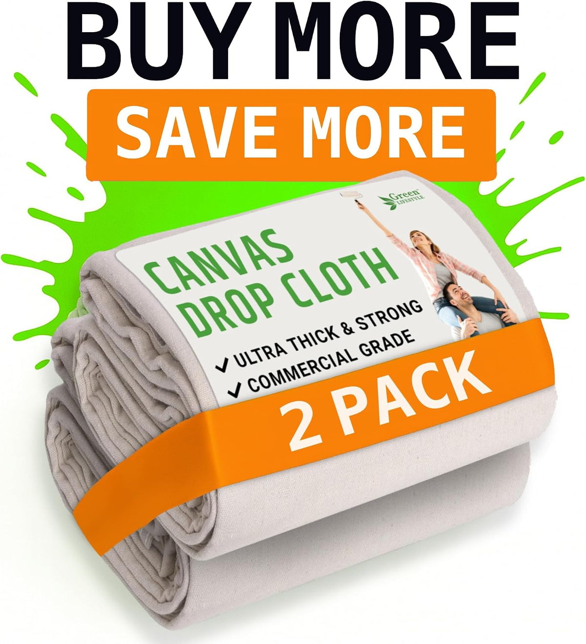 GREEN LIFESTYLE All Purpose Canvas Drop Cloths - Drop Cloth for Painting, Floor Cover, Heavy Duty Protection for Furniture & Surfaces, Reusable Painters Canvas Tarp for Renovation & Home (4x12)