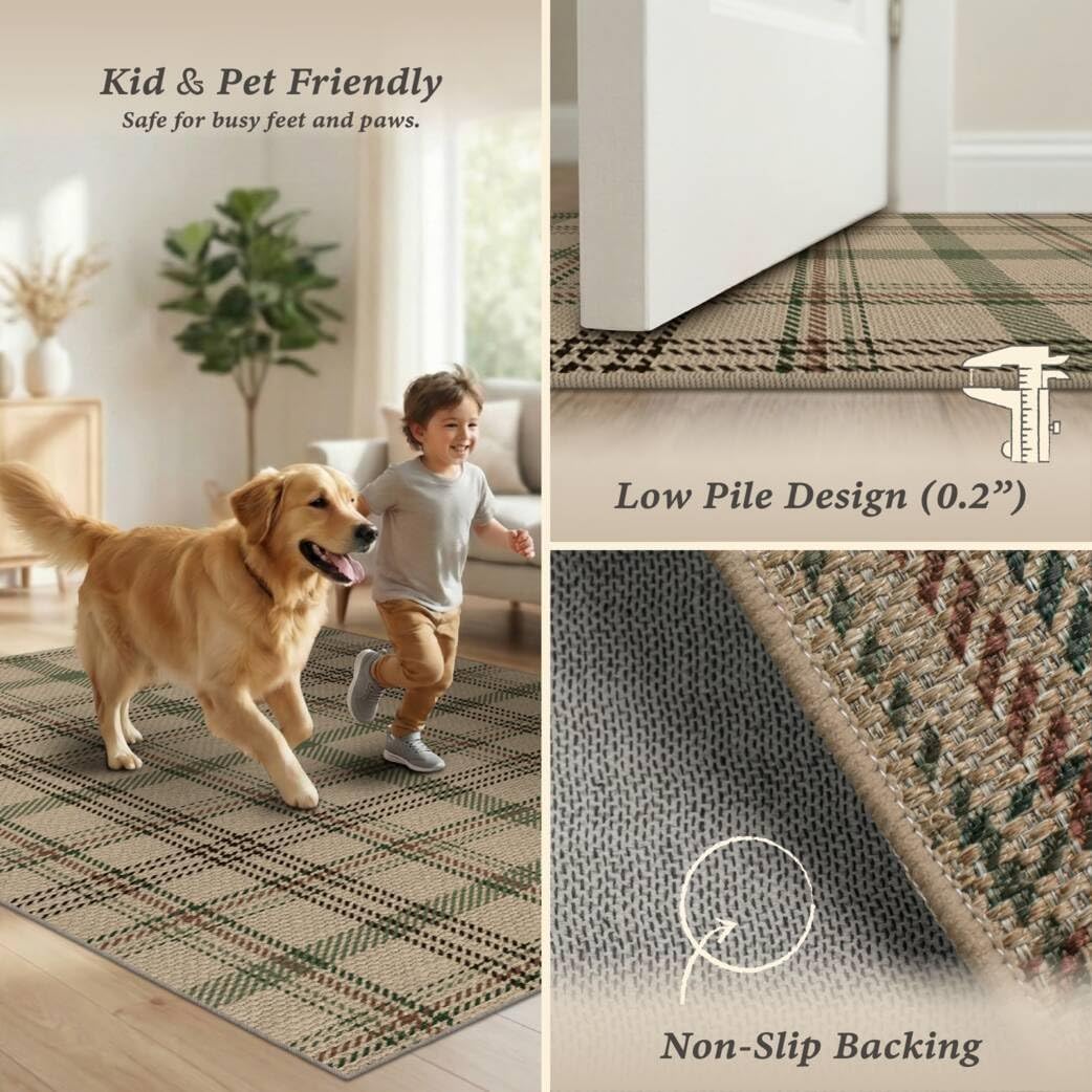 JTJ Easy Jute 3x5 Outdoor Rug for Front Porch, Washable Sage Green Plaid
