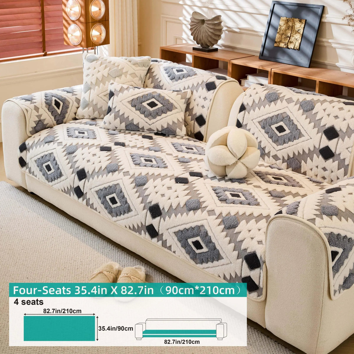 Boho Style Geometric Pattern Quilted Sofa Cover, Couch Cover, Soft Comfortable Dustproof Slipcover, Sofa Protector & Cushion Cover for Home Living Room, Bedroom, Hotel & Dormitory #GLOBAL PICKS