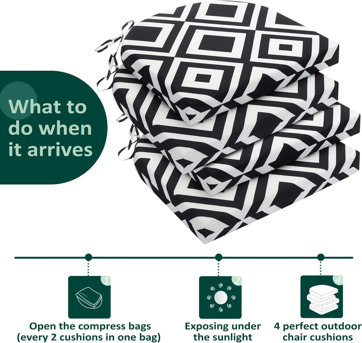 HARBOREST Outdoor Chair Cushions Set of 4, Water Resistant Patio Chair Cushions with Ties, Outdoor Seat Cushions for Patio Furniture, 17"x16"x2", Black/White Diamond