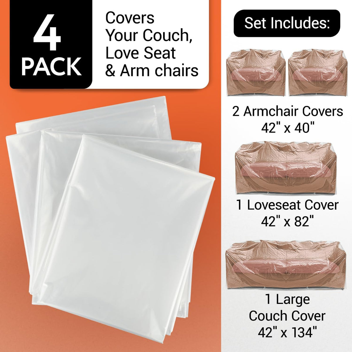 Impresa Plastic Furniture Covers - Pack of 4, 2 Mil, Clear Tear-Resistant Design & Moving Supplies - Dust & Moisture Barrier & Furniture Covers for Storage