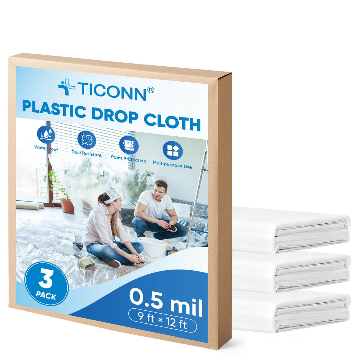 TICONN 12 x 9 Ft Plastic Drop Cloth for Painting, Waterproof Painters Plastic Sheeting, Painting Tarp for Furniture Cover, Floor Protection (6PK, 0.5Mil)