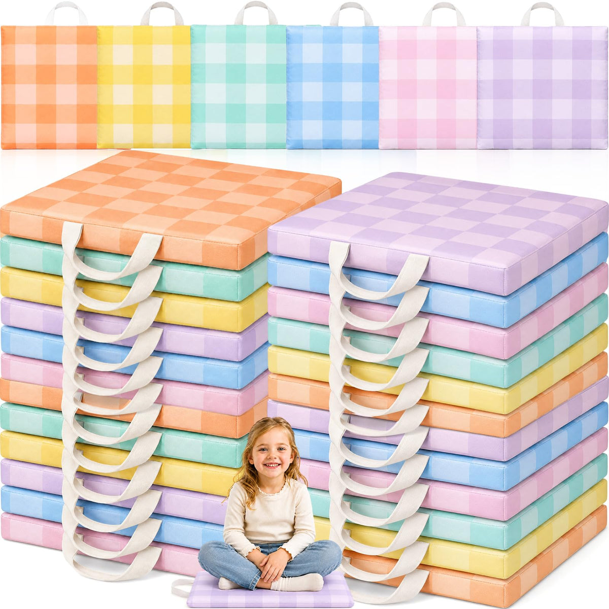 Beeveer 12 Pcs 12'' Floor Cushions with Handle for Kids Classroom Flexible Seating Floor Pillow Waterproof Cushions Seating for Toddlers Daycare Nursery Preschool School Home (Pencil,Yellow)