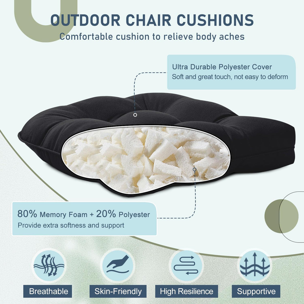 downluxe Outdoor Chair Cushions Set of 4 for Patio Furniture, Water Resistant Tufted Overstuffed Patio Furniture Cushions, Thick Outdoor Seat Cushion, 19" X 19" X 5", Black