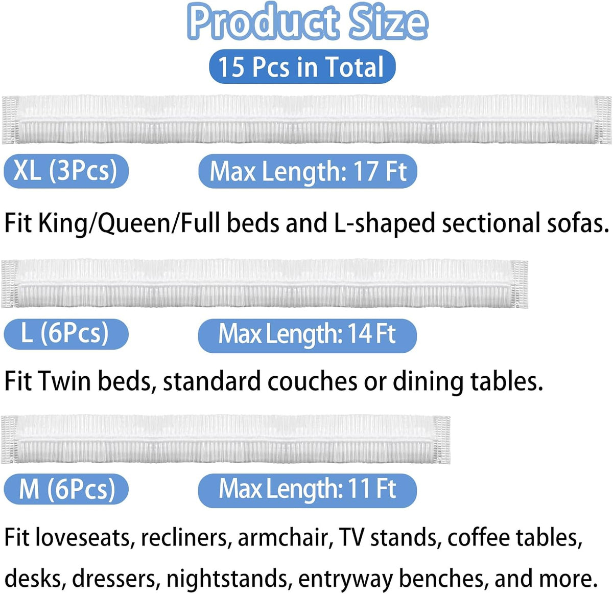 15 Pcs Disposable Furniture Dust Covers with Elastic, Plastic Dust Cover for Sofa Chair Dining Table TV Stand, Extra Large Clear Couch Bed Protector Covers for Moving and Storage, 3 Sizes (3XL 6L 6M)