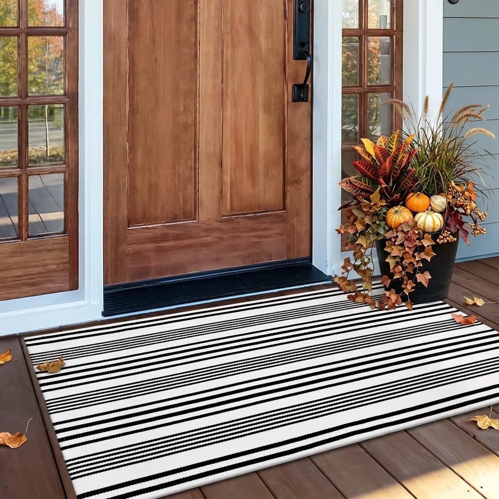 OJIA Outdoor Rug 3'x5', Black and Tan Patio Rugs Fall Door Mat Outside