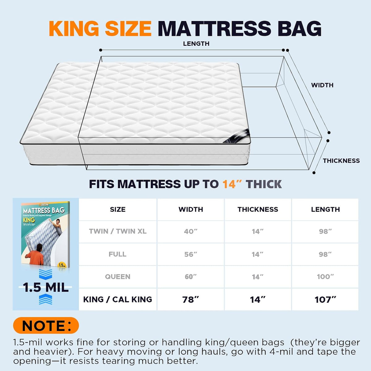 Axgatoxe Plastic Mattress Bag for Moving Storage, King Size (1.5MIL)