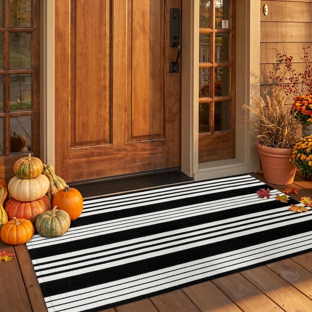 OJIA Outdoor Rug 3'x5', Black and Tan Patio Rugs Fall Door Mat Outside