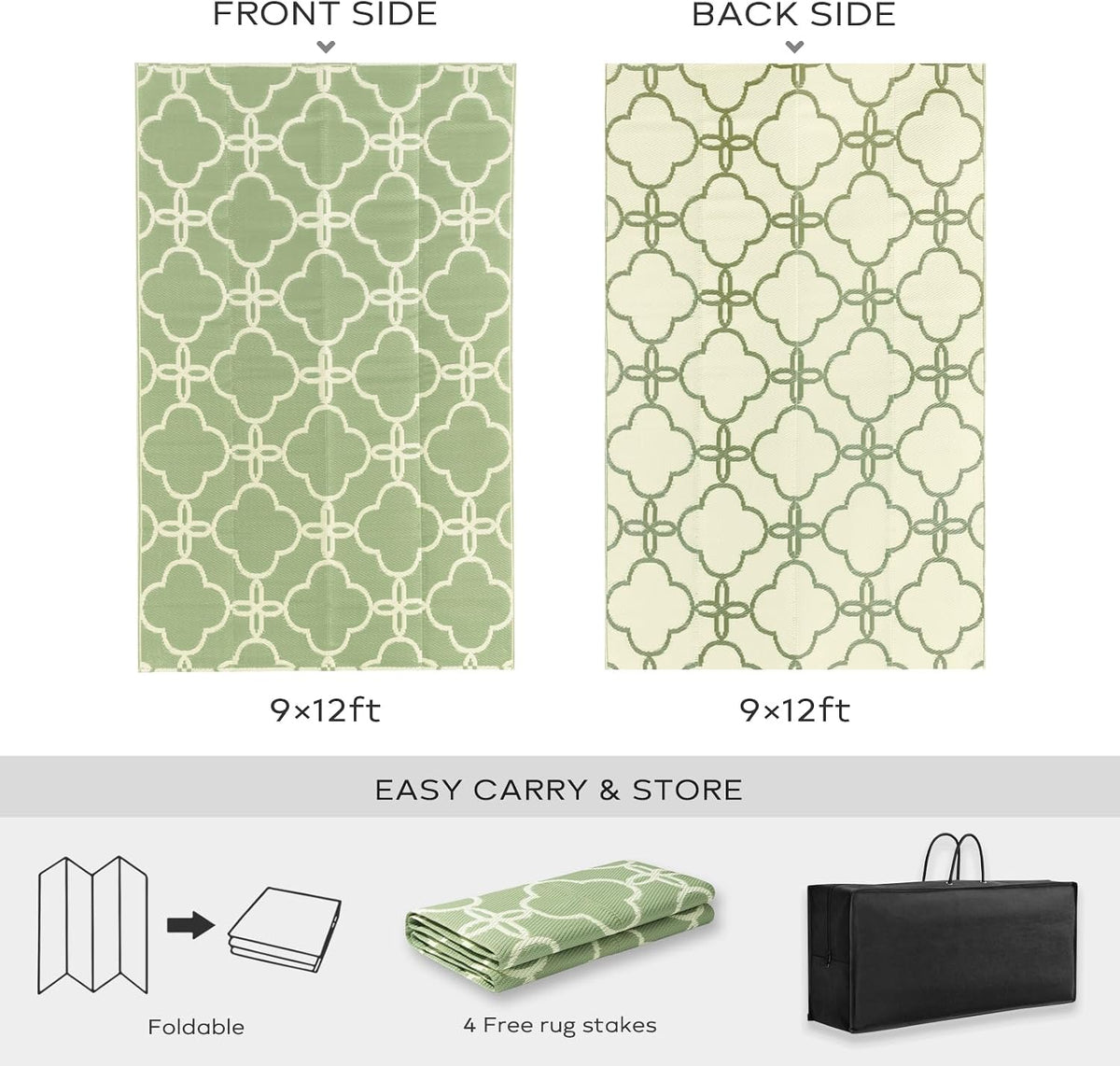 Ashler Sage Green Outdoor Plastic Straw Rug Waterproof for Patio, Clearance Reversible Camping Mats, 9x12 Large Outdoor Area Rugs with Carrying Bag, for RV, Picnic, Backyard, Indoor