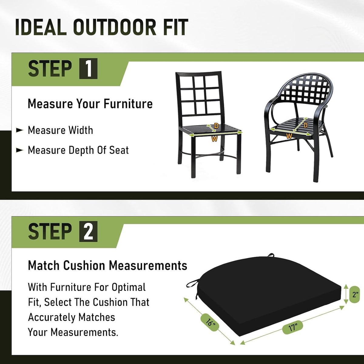 Basic Beyond Outdoor Chair Cushions Set of 4, Outdoor Cushions for Patio Furniture, Water Resistant Patio Chair Cushions with 2 Ties, 17x16x2, Black