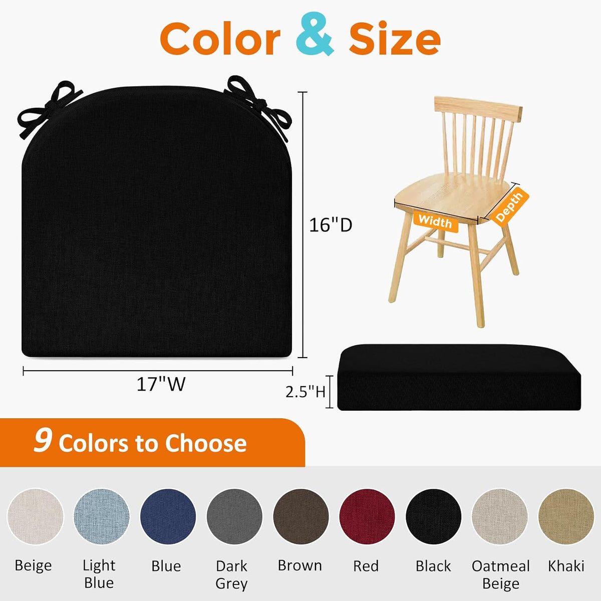 downluxe Chair Cushions for Dining Chairs, Memory Foam Linen Kitchen Chair Pads with Ties, Waterproof, Stain-Resistant and Washable Cover, 17" x 16" x 2.5", Black, 4 Pack