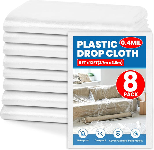 8 Pack Plastic Drop Cloth, 9 x 12 Feet Plastic Sheeting