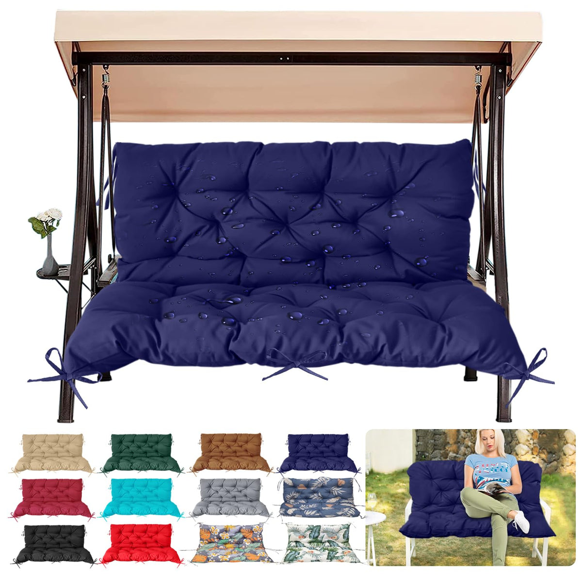 Outdoor/Indoor Swing Replacement Cushion, 2 or 3 Seats Bench Cushions with Backrest, Thicken 4" Recliner Seat Pad for Garden/Patio, Waterproof Premium Tufted Cushion with Ties(Turquoise-40x40x4in)