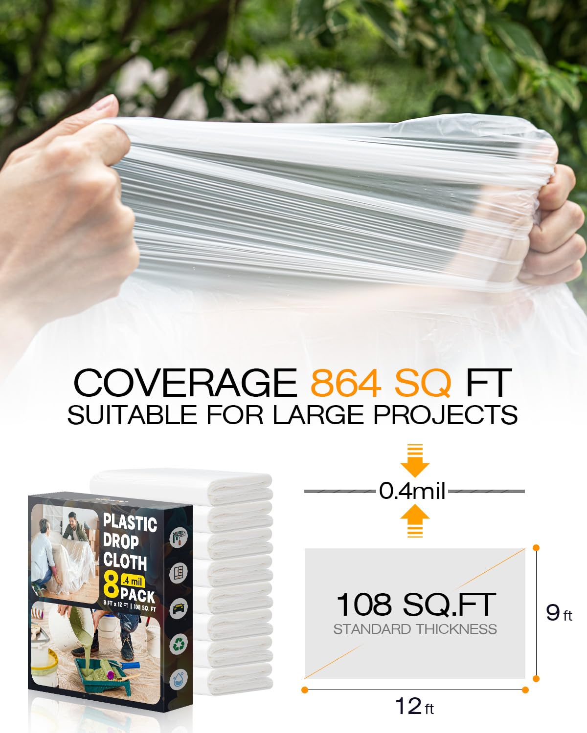 Plastic Drop Cloths for Painting, 9x12 Ft Plastic Sheeting, 0.4Mil (8-Pack)