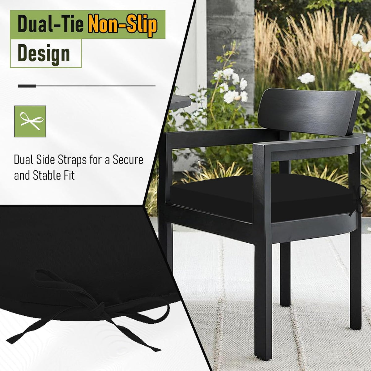 Basic Beyond Outdoor Chair Cushions Set of 4, Outdoor Cushions for Patio Furniture, Water Resistant Patio Chair Cushions with 2 Ties, 17x16x2, Black