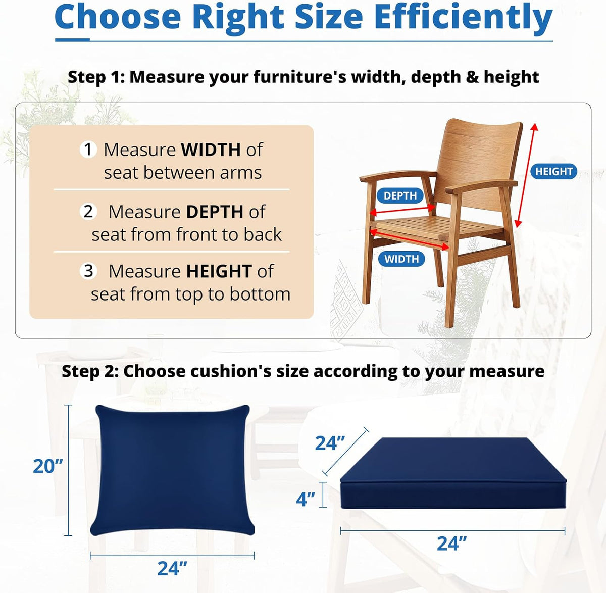 Outdoor Chair Cushion Patio Furniture Seat & Back Pillow 24 x 24 Inch Blue