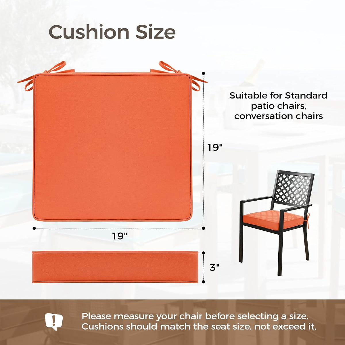 UNIKOME Outdoor Chair Cushions Set of 4, Water Resistant Patio Seat Cushions with Ties for Outdoor Furniture, High-Density Foam, UV & Fade Resistant, Piped Edge – 19" x 19" x 3", Orange