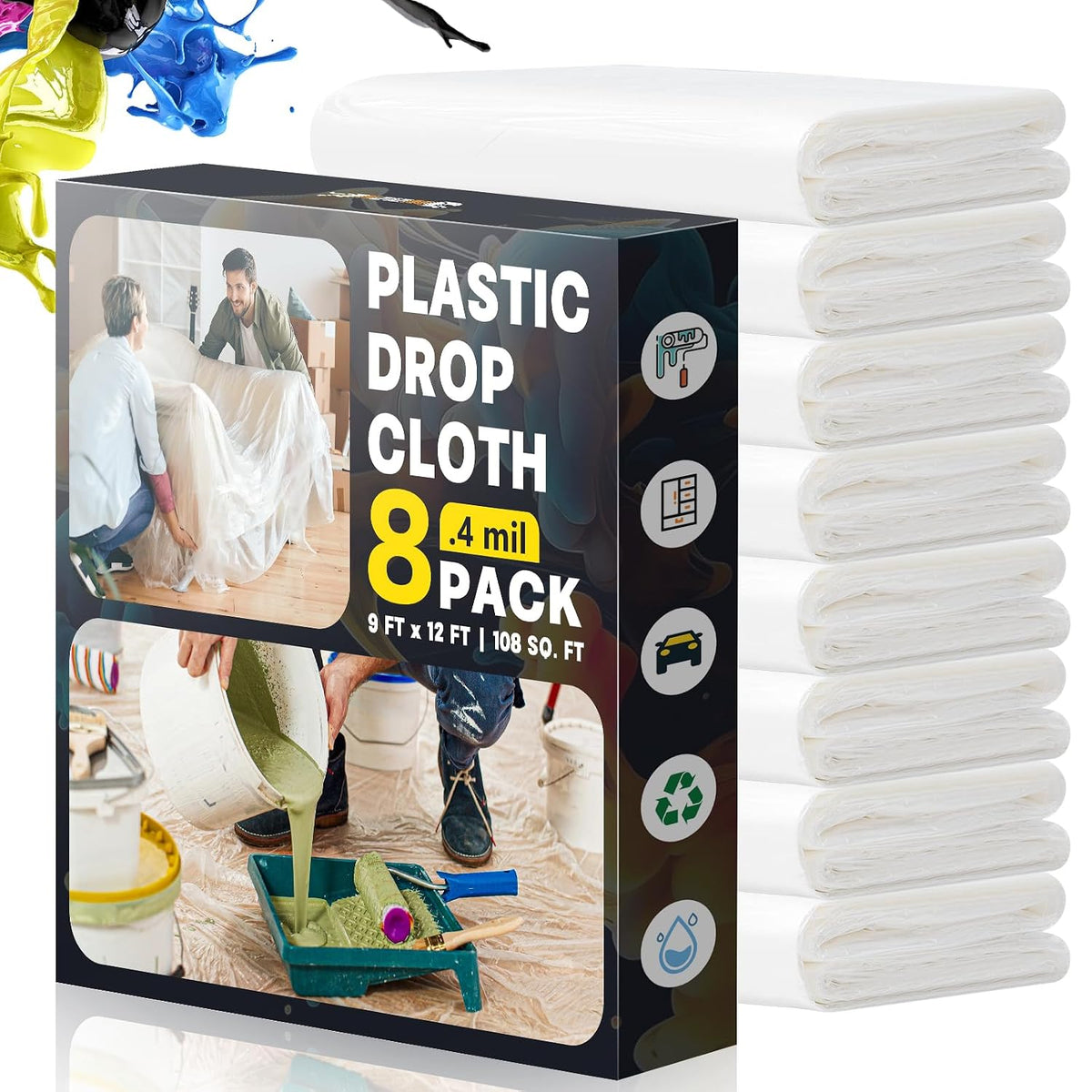 Plastic Drop Cloths for Painting, 9x12 Ft Plastic Sheeting, 0.4Mil (8-Pack)