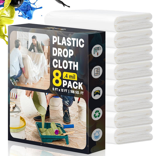 Plastic Drop Cloths for Painting, 9x12 Ft Plastic Sheeting, 0.4Mil (8-Pack)