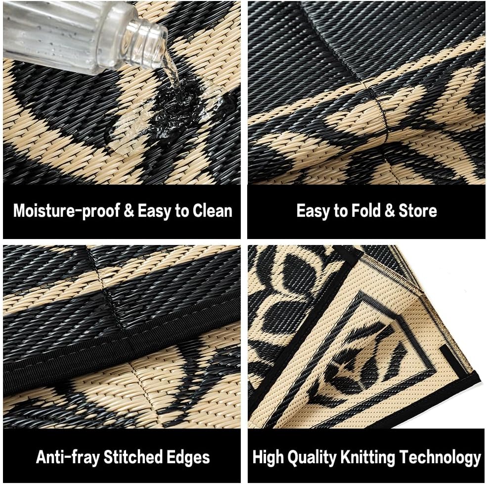 PureCozy 10x14 Outdoor Rug Black Beige Geometric
