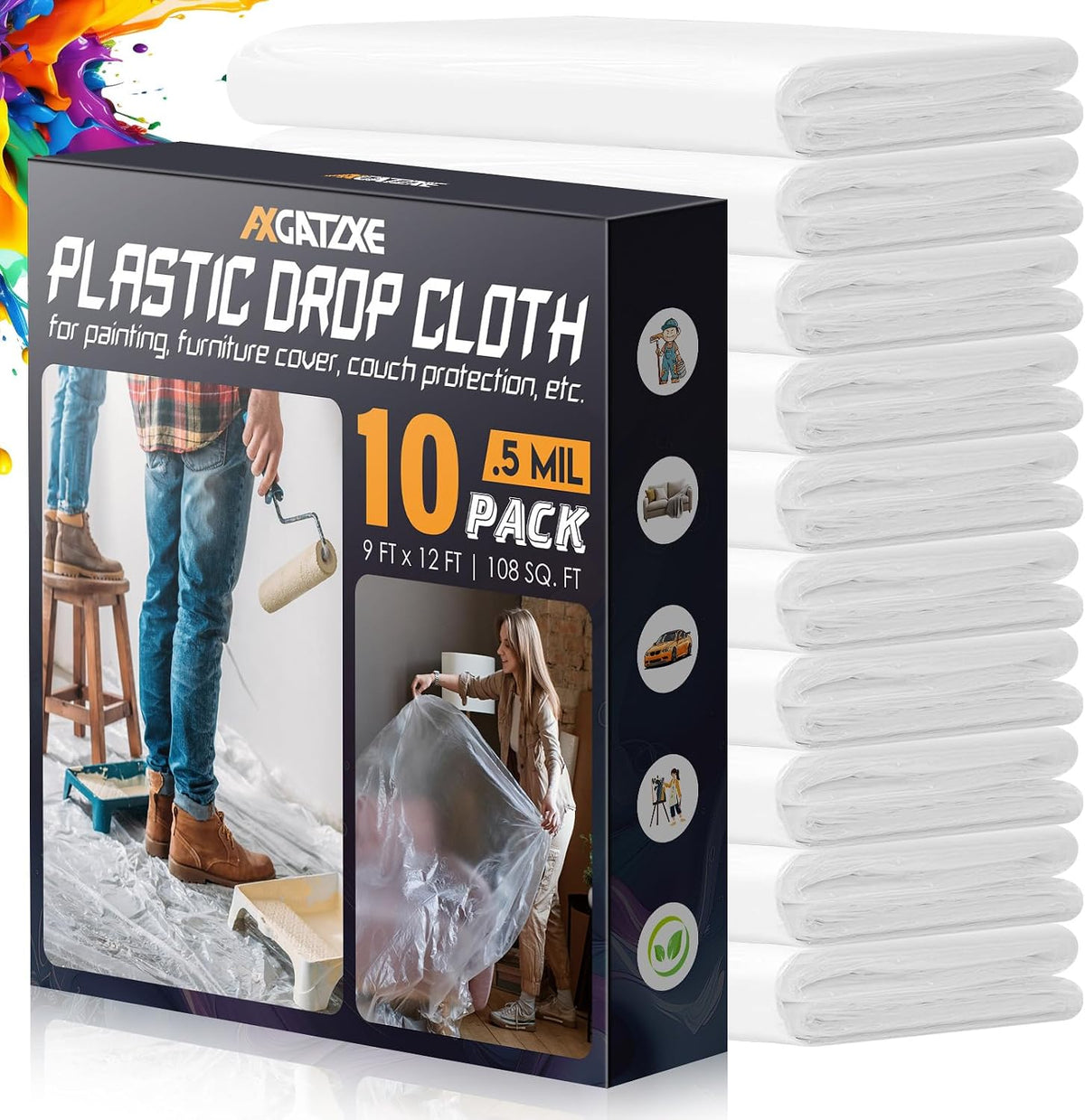 Axgatoxe 12 x 9 Ft Plastic Drop Cloths for Painting (10-Pack)